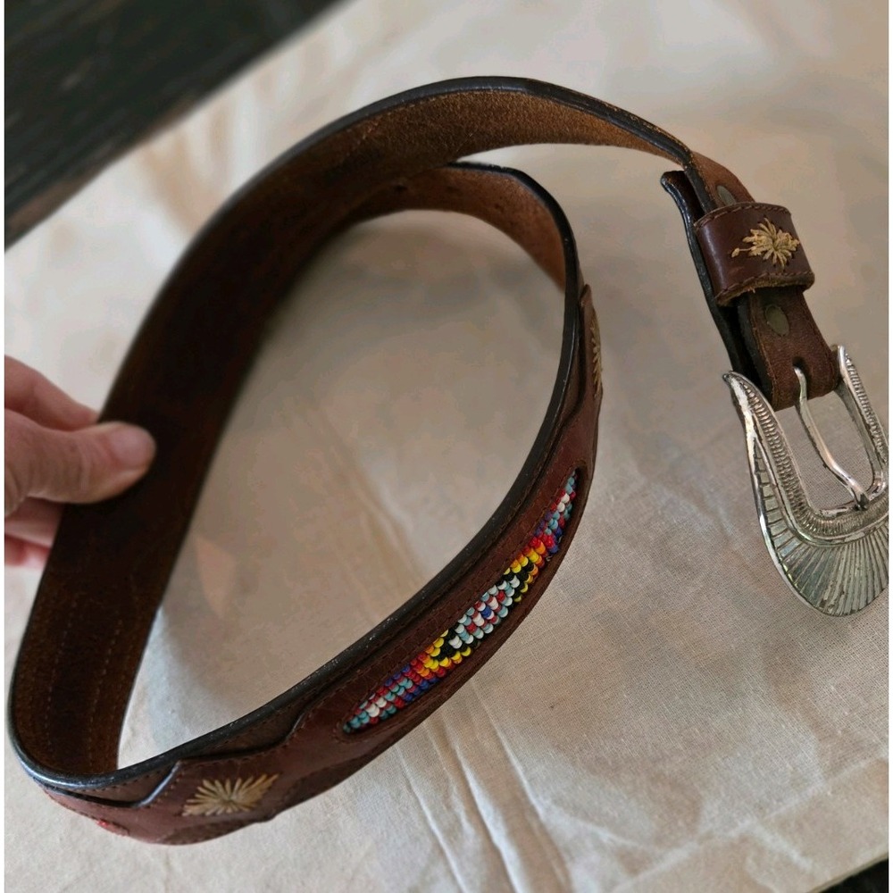 Vintage Belt Leather Beaded Leegin Montana Silvertone Brass Buckle Western - Picture 2 of 11